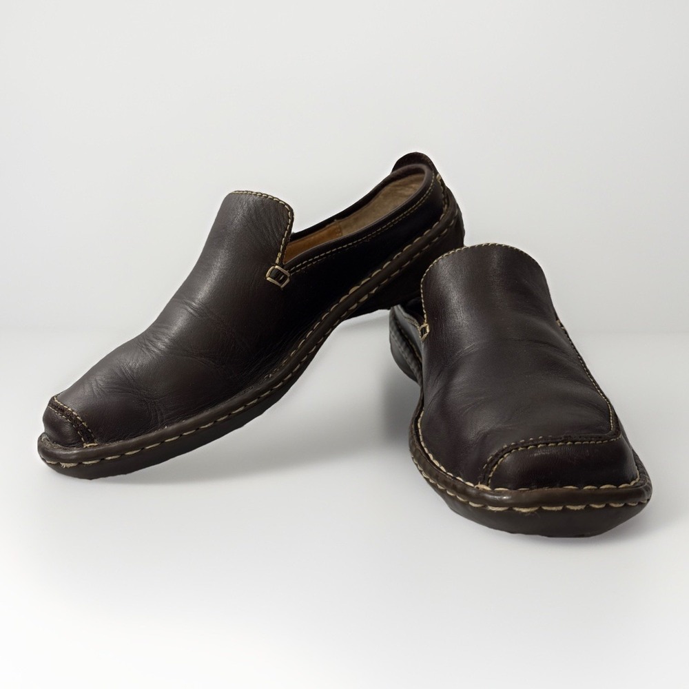 Born B8042 Brown Leather Mule Clogs Slip On Square Toe Contrast Stitch 8.5/40